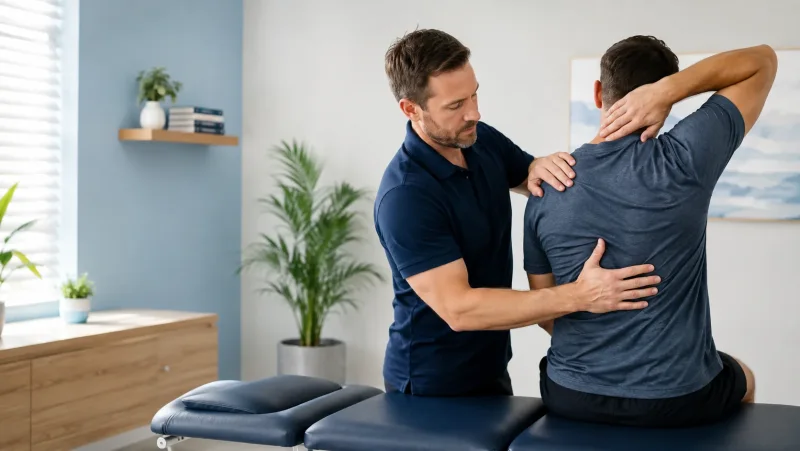 A chiropractor guiding a patient through a back and shoulder mobility assessment