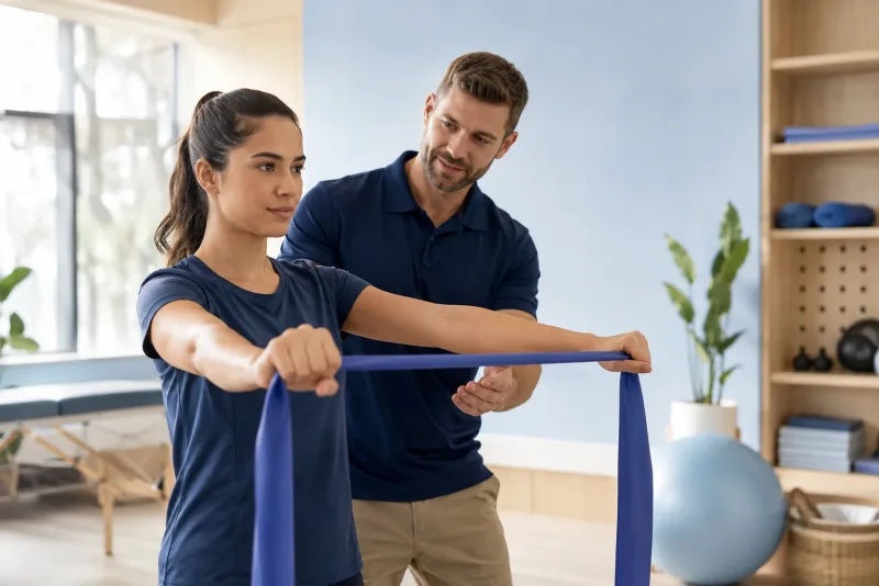 A clinician guiding a patient through a resistance band rehabilitation exercise